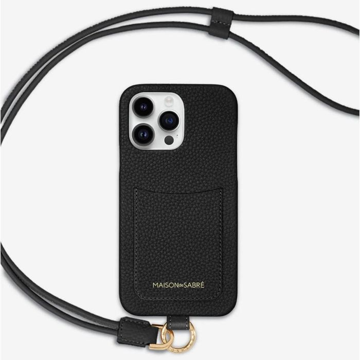 Maison de Sabré phone case with a wrist strap. The case boasts a textured design, a pocket, and elegant gold detailing at the bottom.