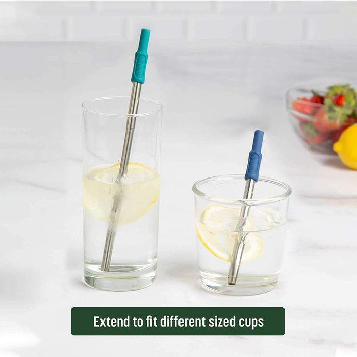 The straws shown at various lengths in glasses of different sizes, with the caption 