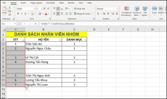 Nhập công thức kết hợp hàm SUBTOTAL và IF