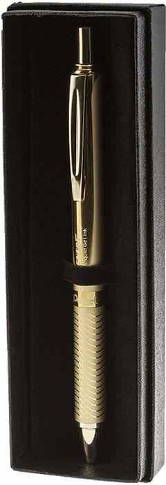 The retractable gold pen presented in its elegant black box.