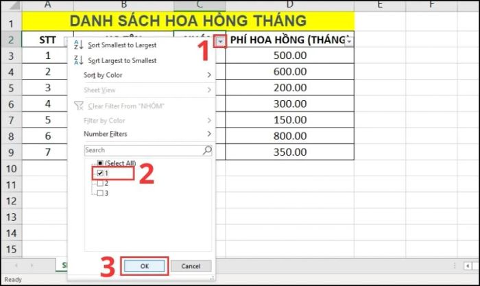 Tiến hành lọc thông tin trong cột 