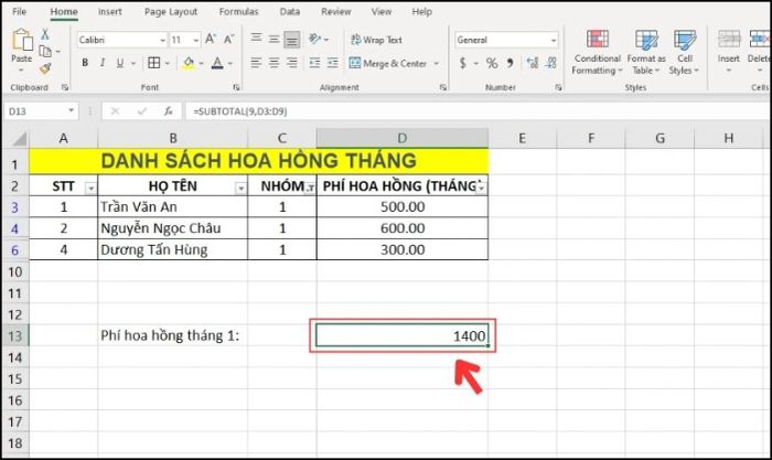 Kết quả hiển thị sau khi áp dụng hàm SUBTOTAL