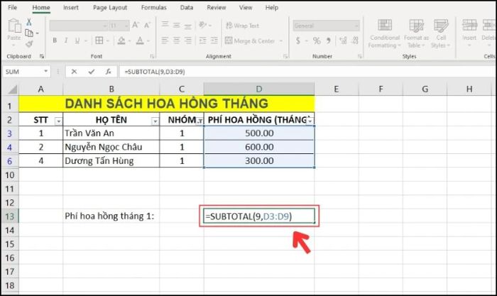 Áp dụng công thức hàm SUBTOTAL