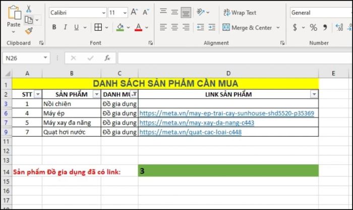 Kết quả hiển thị khi sử dụng hàm SUBTOTAL để đếm số ô đã lọc