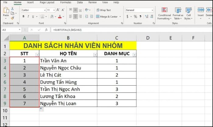 Kết quả sau khi thực hiện đánh số thứ tự trong bảng 