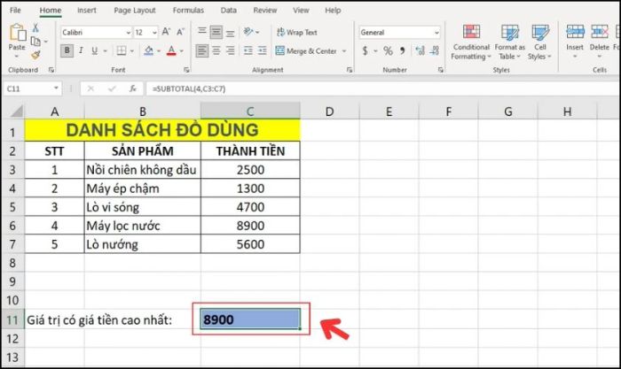 Nhập công thức hàm SUBTOTAL trong Excel