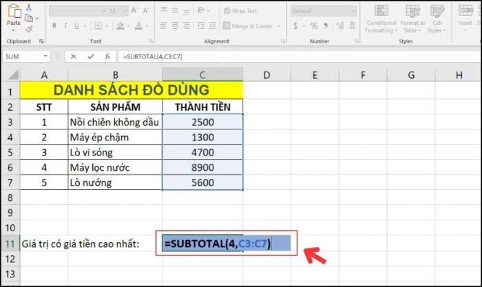 Sử dụng hàm SUBTOTAL để tìm giá trị lớn nhất trong Excel