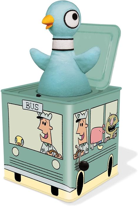 A box designed to resemble the bus from the book, with a pigeon popping out