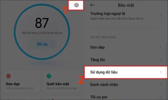 Chọn Cài đặt và tiếp tục chọn Sử dụng dữ liệu