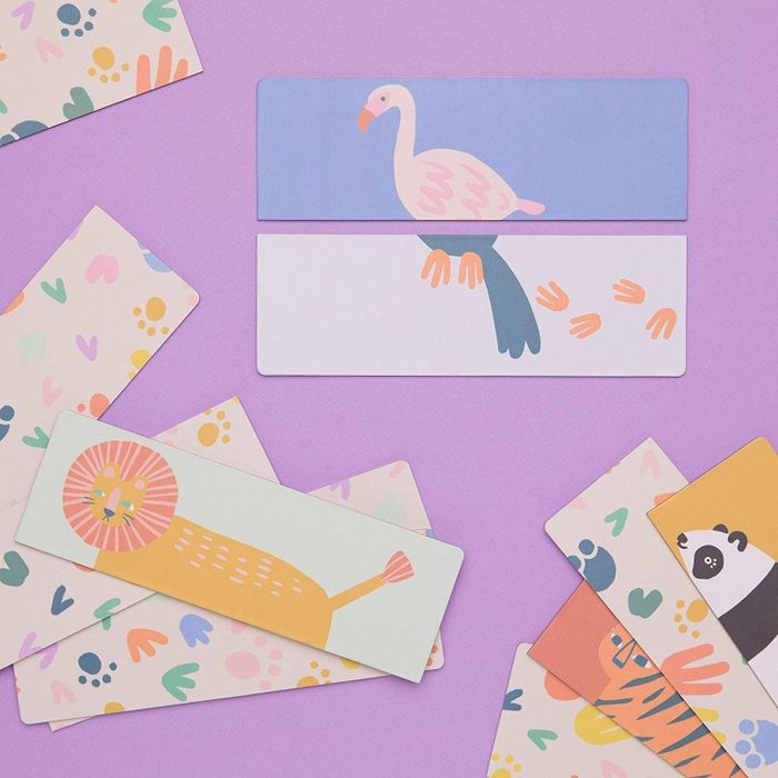 Several animal tops and bottoms split in half and mixed together on cards