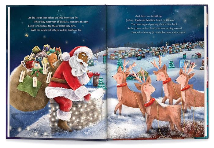 Two pages from the book depicting Santa descending a chimney