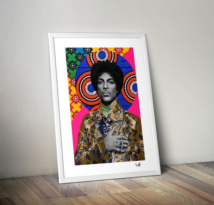 Singer Prince with a colorful backdrop of blue, pink, green, and other vibrant shades
