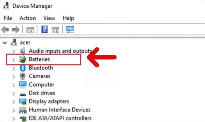 Trong cửa sổ hiển thị, bạn nhấn vào phần Batteries