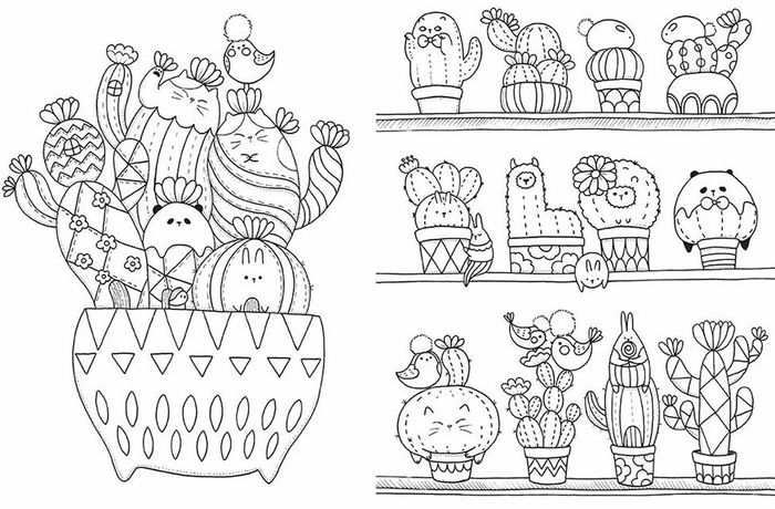 two pages featuring animals such as llamas, bunnies, cats, and pandas, creatively drawn among and atop cactuses