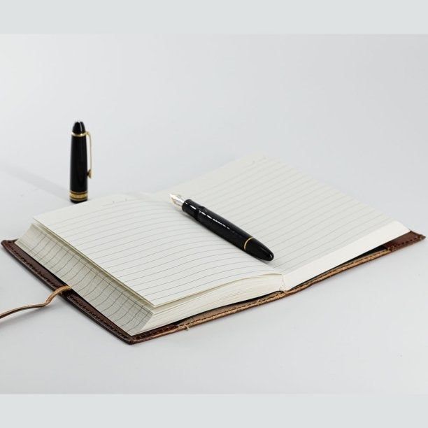 The journal opened to reveal blank lined pages with a pen resting on them