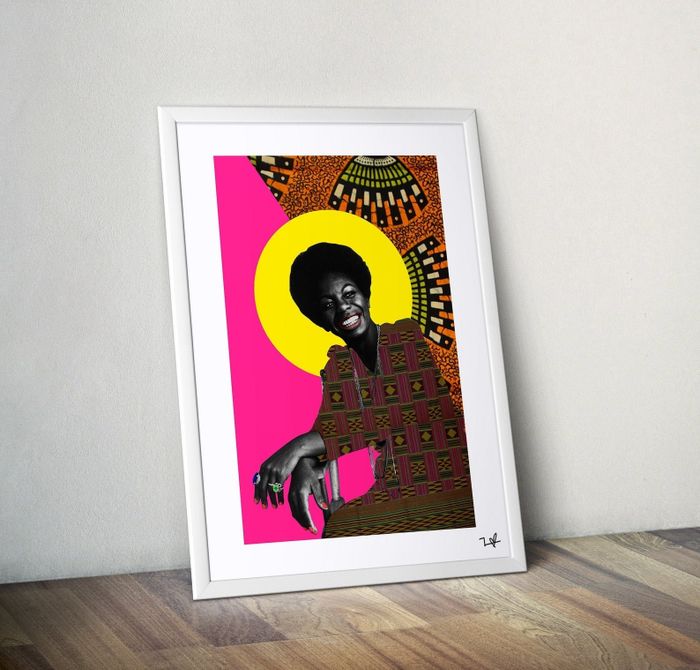 a portrait of Nina Simone with a vibrant background featuring hot pink and traditional Ankara print