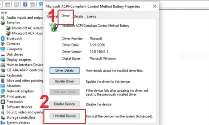 Một hộp thoại mới hiện ra, bạn nhấn vào tab Driver và chọn Uninstall Device