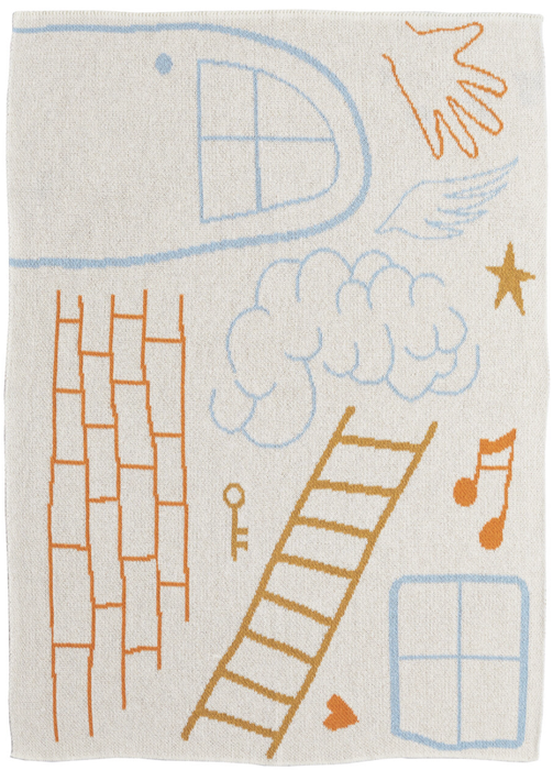 An ivory blanket adorned with sketches of ladders, bricks, windows, and various abstract symbols