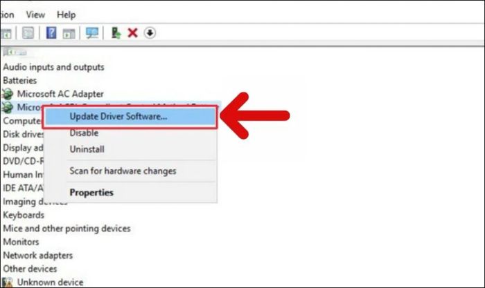 Bạn nhấp chuột phải vào mục Microsoft ACPI-Compliant Control Method Battery