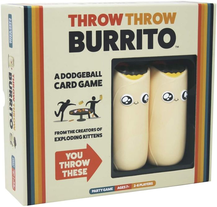 The game box featuring the text "Throw Throw Burrito: A Dodgeball Card Game from the Creators of Exploding Kittens," with two burrito toys visible and an arrow pointing to them that says "You throw these,"