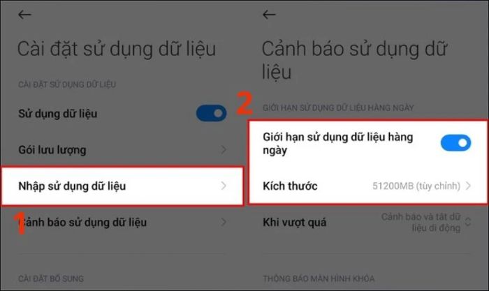 Bật công tắc tại mục Giới hạn dữ liệu hàng ngày