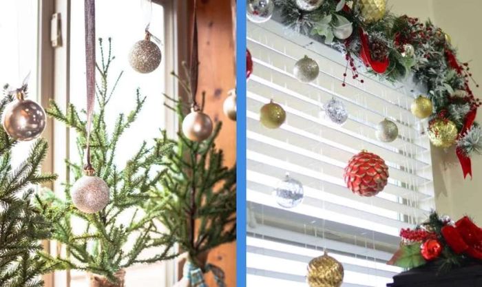 Treo các quả châu để trang trí cửa kính Noel xinh xắn