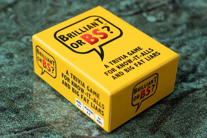 The box of the Brilliant or BS card game, ready for a fun night of bluffing and laughing.