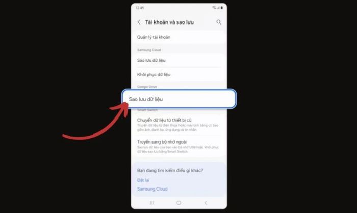 Nhấn vào tùy chọn Sao lưu dữ liệu