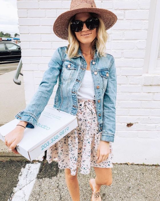 a reviewer styling the light pink skirt