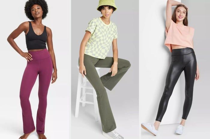From left to right: a model in high-rise bootcut leggings, a model in high-rise flare leggings, and a model in faux leather leggings