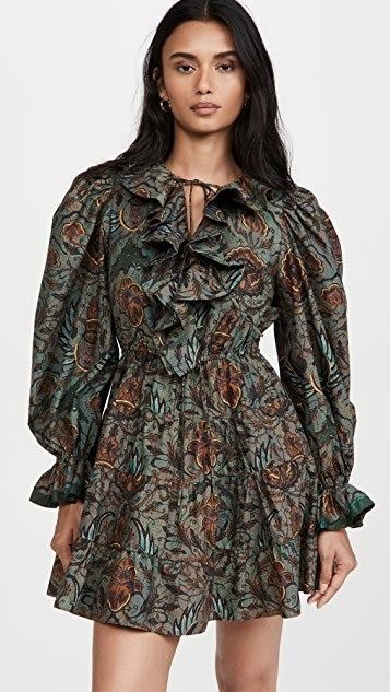 a model wearing the brown and green dress