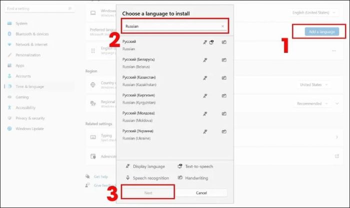 Nhấn Add Language và tìm kiếm ngôn ngữ bạn muốn thêm vào hệ thống.