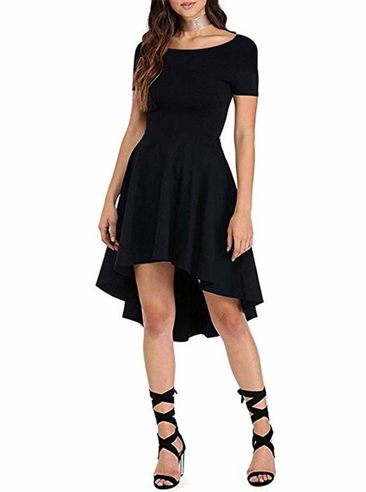Model showcasing the fit-and-flare dress in classic black.