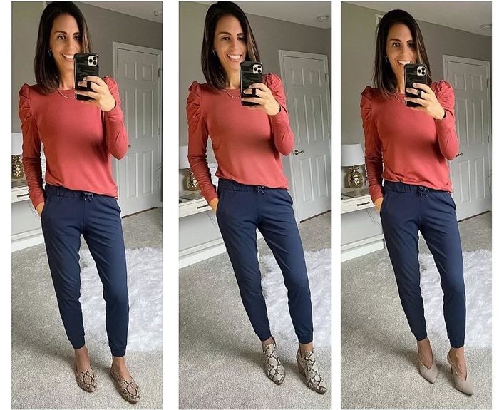 Another reviewer showcasing the burnt orange shirt, paired with comfy pants and three different shoe options