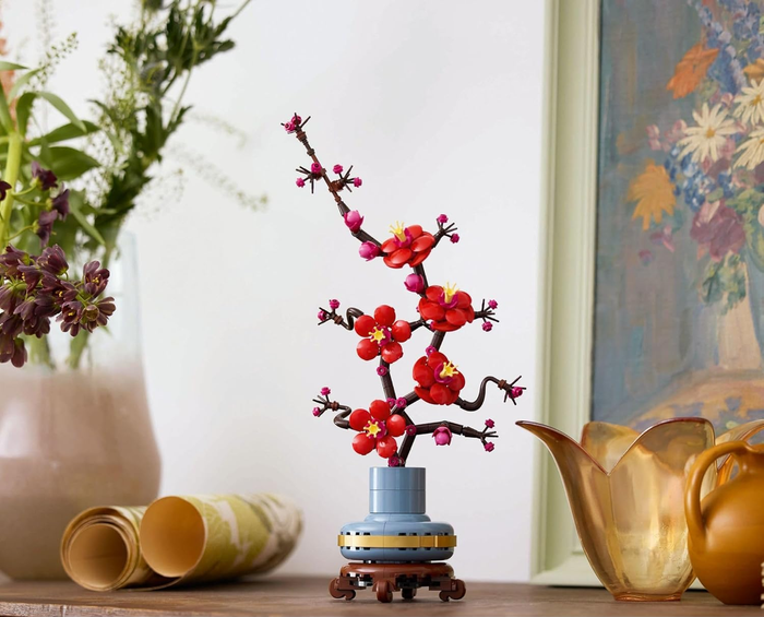 The completed Plum Blossom set displayed in a Lego vase
