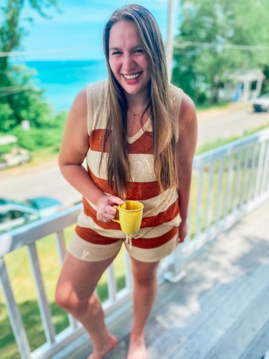 Another customer in the cream and orange striped set