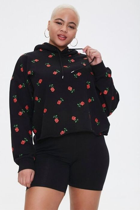The red floral printed hoodie on display