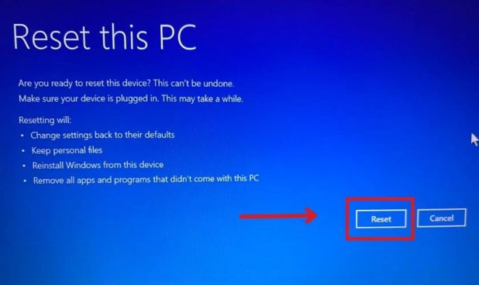 Nhấn Reset để khôi phục Windows 11 về trạng thái ban đầu, hoàn tất quá trình cài đặt lại
