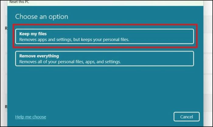 Chọn giữ lại dữ liệu hoặc xóa hoàn toàn khi reset Windows 11