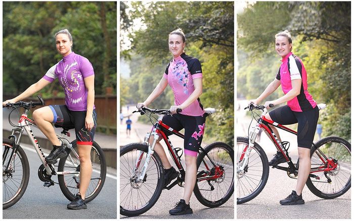 A collage featuring a model showcasing three distinct styles of bike shorts, each with unique patterns, while seated on a bike.
