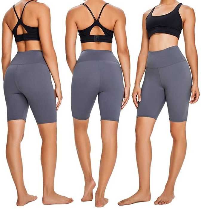 Model showcasing different angles of gray biker shorts