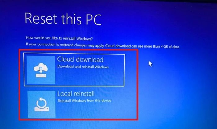 Chọn phương thức cài đặt khi reset Windows để tiếp tục quá trình khôi phục