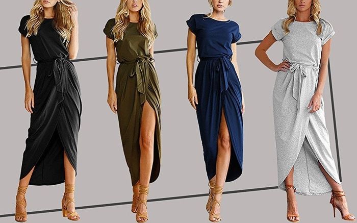 Four models, each wearing a different color variation of the dress