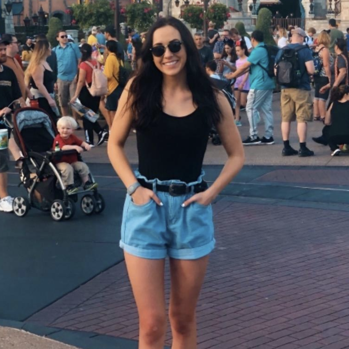 reviewer sporting the blue denim shorts