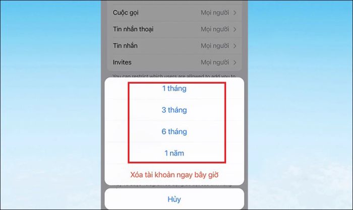 Chọn một trong bốn mốc thời gian để tài khoản tự động hủy