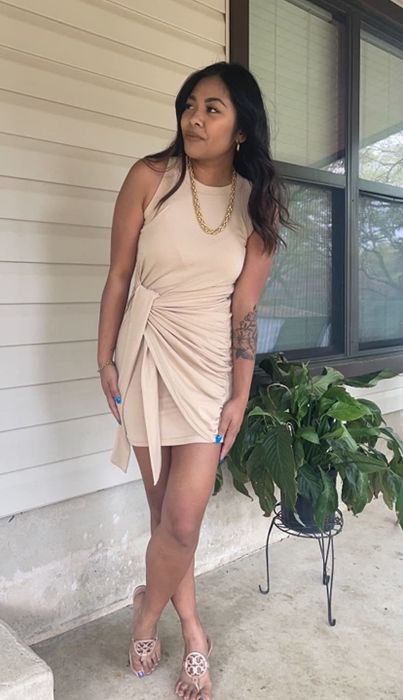 A front view of a different reviewer wearing the dress in beige