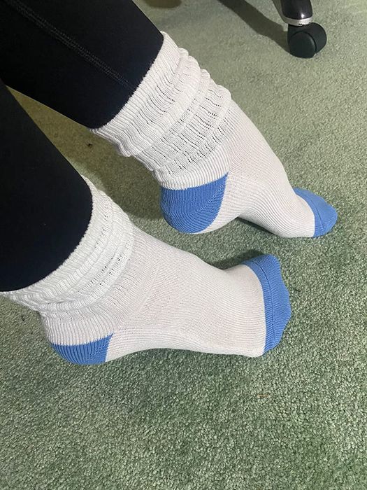 Crew socks with blue accents on the toes and ankles