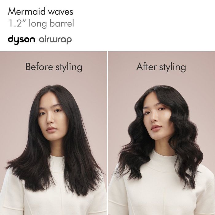 A before-and-after photo of a model’s wavy hair styled using the 1.2-inch long barrel.