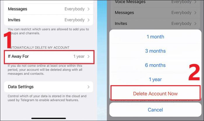 Nhấn vào If Away For và chọn Delete Account Now để hoàn tất việc xóa tài khoản Telegram