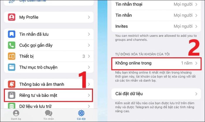 Chọn mục Riêng tư và Bảo mật, sau đó cuộn xuống phần Không online trong